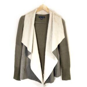 Saks Fifth Avenue Wool Open Waterfall Cardigan Sweater Faux Suede and Fur Medium